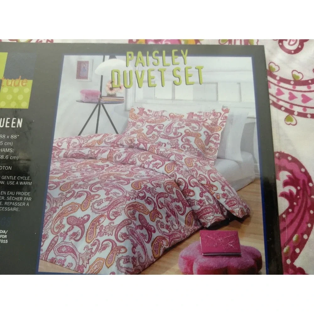 Attitude Paisley Duvet‎ Cover & Shams Set Full Queen 100% Cotton Pink White NIP